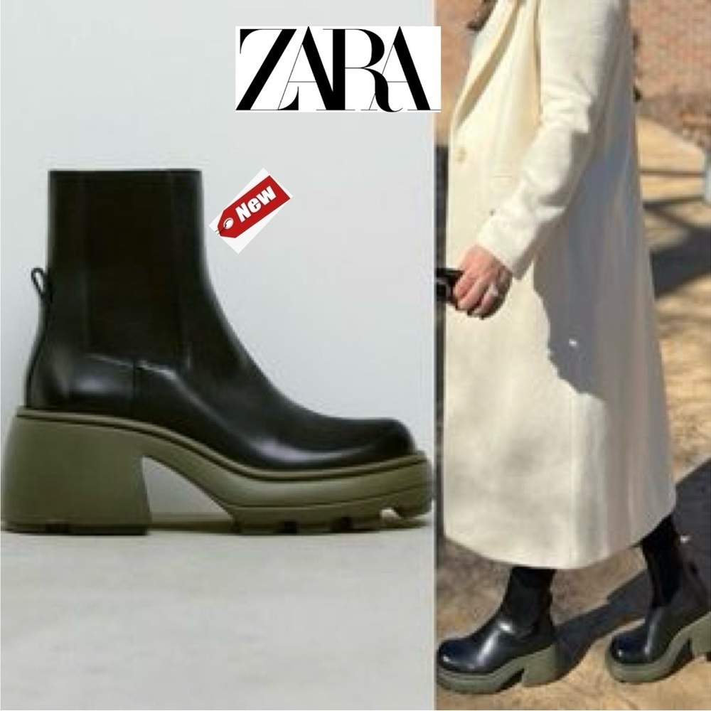 Zara black olive green khaki lug sole chunky ankle leather boots Sz 39 NWT